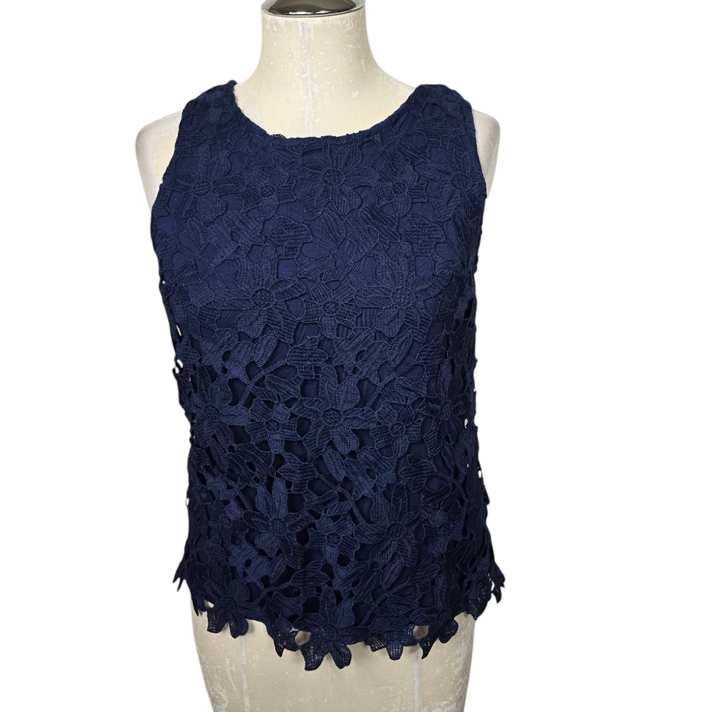 Saint Tropez West Navy Blue Lined Cut-Out Lace Sleeveless Floral Shell Top XS